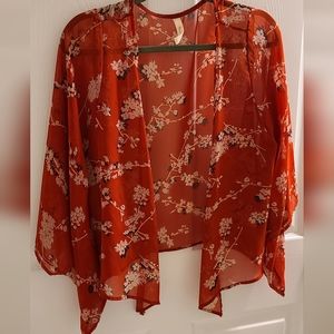 Womens Red Blue Cream Flowers Kimono Size Small Sheer Cover by Mind Code